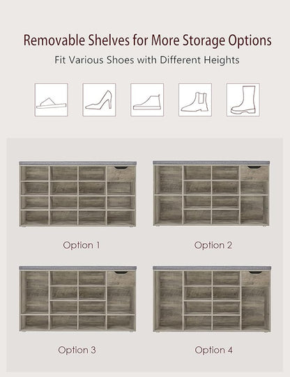 DINZI LVJ Shoe Bench, Entryway Storage Bench with Drawer and 15 Cubbies, Cubby Shoe Rack with Adjustable Shelves, Shoe Organizer Cabinet for Living Room, Bedroom, Mudroom and Garage, Gray Wash
