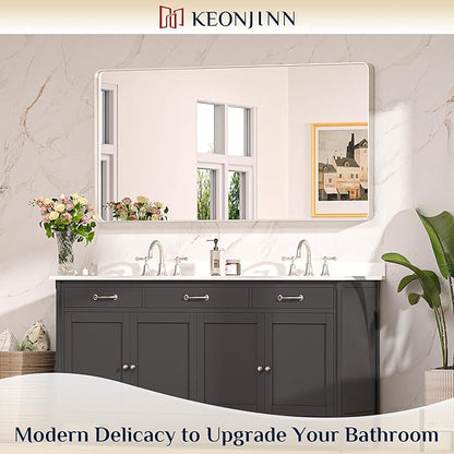 Keonjinn 55 x 30 Brushed Nickel Bathroom Vanity Mirror, Large Rounded Rectangle Bathroom Mirrors for over Sink, Metal Framed Silver Mirror for Wall, Shatterproof HD Tempered Glass(Horizontal/Vertical)
