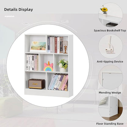 YAHARBO White 7 Cube Bookshelf,3 Tier Modern Horizontal Bookcase,Wooden Low Book Shelf Display Storage Cabinet with Base,Floor Standing Short Bookshelves Open Organizer for Bedroom,Living Room,Office