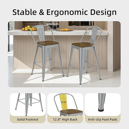 Metal Bar Stools Set of 4, High Back Bar Stools with Wooden Seat, 30 inch Silver Barstools for Kitchen Island