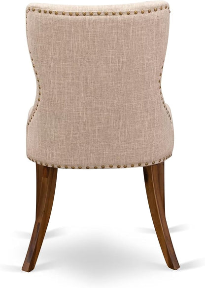 F3SI7-50N-04 7-Pc Kitchen Table Set consists of a Pedestal Table and 6 Light Tan Polyester Padded Chairs with Button Tufted- Antique Walnut