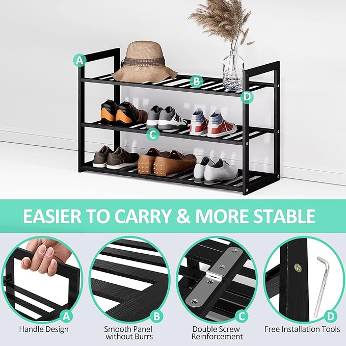 Bamboo Shoe Rack for Closet, Stackable 3 Tier Longer Shoe Organizer Shelf Holder Storage 12-15 Pairs for Entryway Door Hallway Bedroom Garage Space Saving Foldable Black