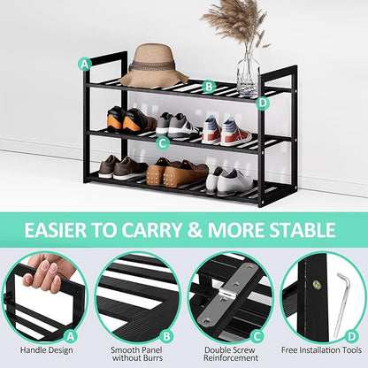 Bamboo Shoe Rack for Entryway, Stackable 3 Tier Shoe Organizer Shelf Storage 9-12 Pairs Shoes Stand Cubby for Closet Door Hallway Bedroom Garage Black, Thanksgiving