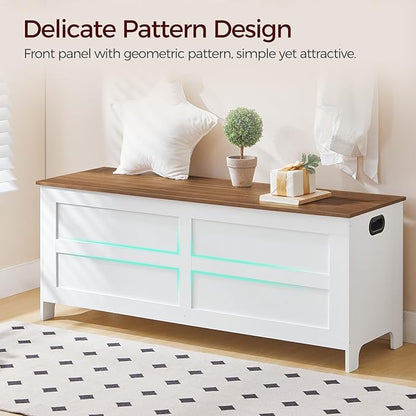 Storage Chest, 47.2” Large Toy Chest, Entryway Storage Trunk, Storage Bench with Safety Hinge, Entrance Bench for Living Room, Entrance, Bedroom, White+Walnut SCBZ48901