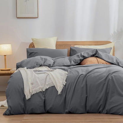 BESTOUCH Duvet Cover Set 100% Washed Cotton Linen Feel Super Soft Comfortable Chic Lightweight 3 PCs Home Bedding Set Solid Quiet Shade Grey Super King Plus