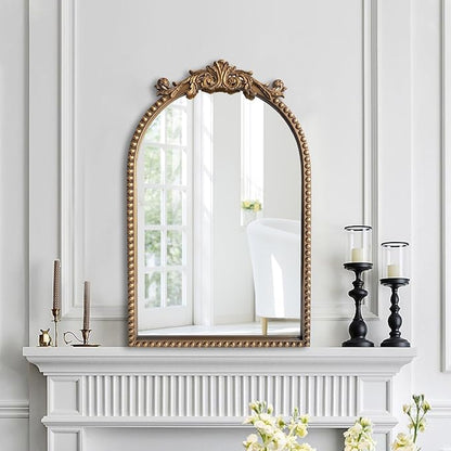ironsmithn Gold Arched Mirror, 20"x32" Ornate Beaded Frame Mirror, Metal Decorative Accent Mirrors for Fireplace Bedroom Bathroom Living Room Entryway
