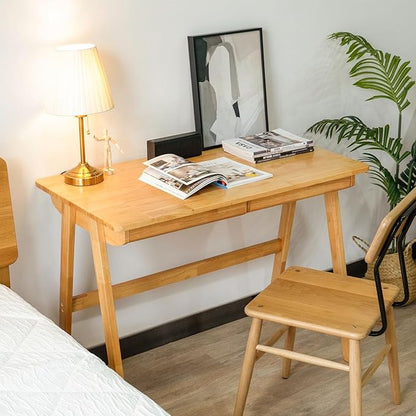 Computer Desk with Drawers, Solid Wood Writing Desk, Mid Century Modern Home Office Desks, Oak Study Table, Small Desk for Bedroom, 29.1 H x 39.4 W x 21.7 D Inches, Natural