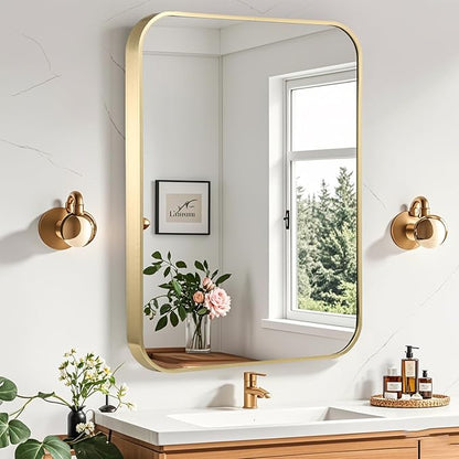 Gold Bathroom Mirror, 24x32 Inch Brushed Gold Mirror, Aluminum Alloy Framed Rectangle Bathroom Mirror for Over Sink, Anti-Rust Wall Mirror (Horizontally or Vertically)