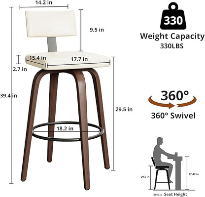 IRONCK Counter Height Bar Stools Set of 2, 29'' Faux Leather Upholstered Barstools with Back, Footrest, Wood Texture Bent Legs, Mid-Century Modern 360° Swivel Bar Stools for Kitchen Island, White
