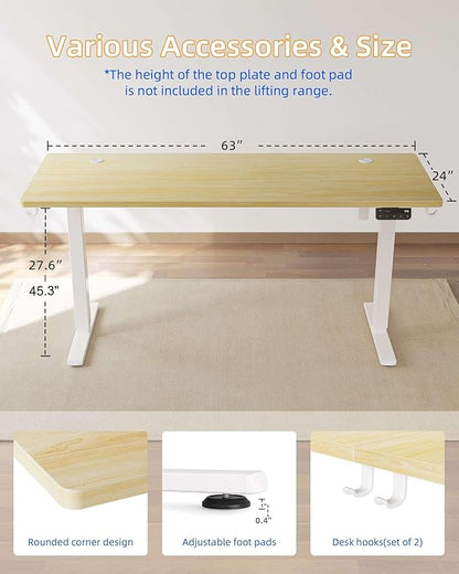 YIHAYO Electric Standing Desk, 63 x 24 Inches Stand Up Desk with Splice Board, Adjustable Height Desk, Computer Desk for Home Office, White Frame/Natural Top