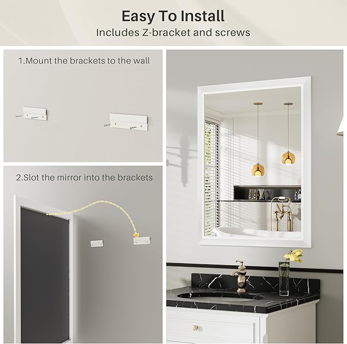 24x32 Inch White Bathroom Mirror for Wall, Thick Metal Framed Rectangle Mirrors for Over Sink, Bedroom, Living Room, Entryway, Anti-Rust, HD Tempered Glass