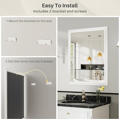24x36 Inch White Bathroom Mirror for Wall, Thick Metal Framed Rectangle Mirrors for Over Sink, Bedroom, Living Room, Entryway, Anti-Rust, HD Tempered Glass