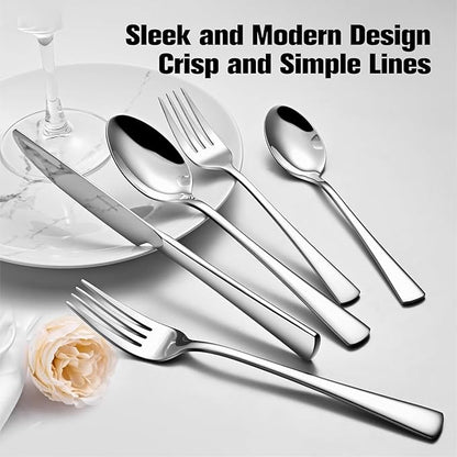 KINGSTONE Silverware Set for 8, 45-Piece Forged 18/10 Stainless Steel Flatware Set with Serving Utensils, Mirror Finish Cutlery Set Dishwasher Safe for Home, Restaurant, Wedding, Party