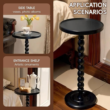Small Accent Wood End Table, 12inch Round Bedside Table, Natural Side Table Nightstand for Family, Bedroom, Living Room, Handcrafted Finish, Black
