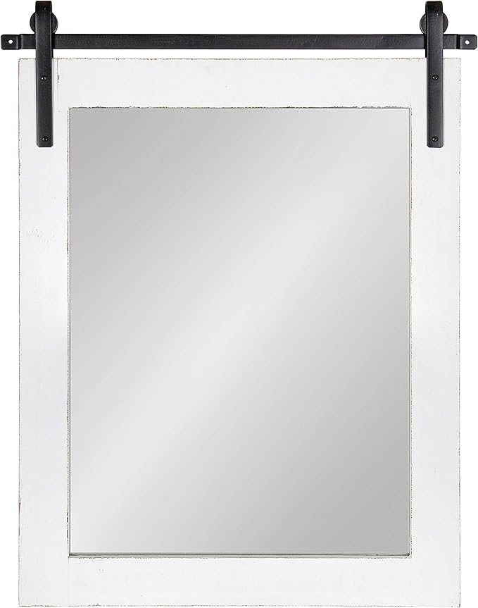 Kate and Laurel Cates Rustic Wall Mirror, 22" x 30", Coastal White, Farmhouse Barn Door-Inspired Wall Decor