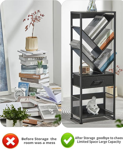 Bookshelf with Drawer,8 Tier Tree Bookcase Retro Floor Standing Bookshelves,Tall Wood Bookcases with Cabinet Storage Organizer for Living Room, Bedroom & Home Office, Black
