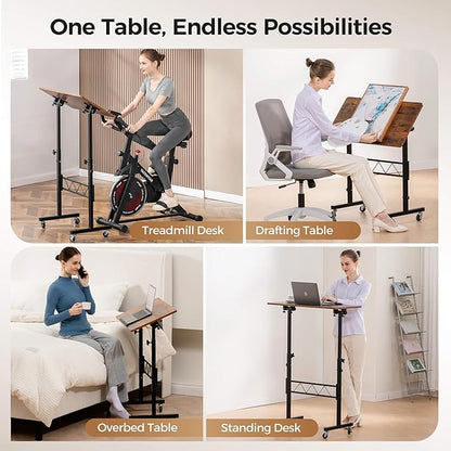 COMHOMA Small Standing Desk Adjustable Height & Tiltable Tabletop, Mobile Stand Up Desk for Laptop, Portable Computer Table for Home Office Work and Walking Pad Treadmill, Height 30.7"-46.4", Brown