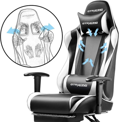 GTRACING Gaming Chair with Footrest, Ergonomic Computer Game Desk Chair, Reclining Gamer Chair Seat Height Adjustment, Swivel Rocker with Headrest and Lumbar (White)