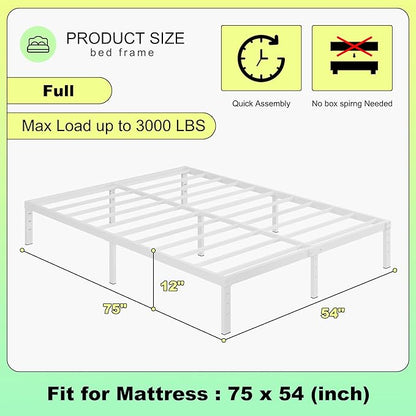 12 Inch White Full Size Bed Frame, Heavy Duty Bed Frame Full Size Mattress Foundation, No Box Spring Needed, Easy Assembly, Noise-Free