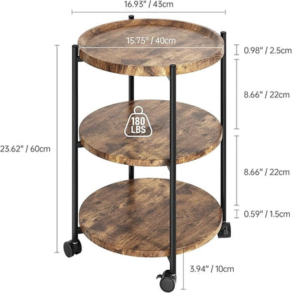 Side Tables Living Room, 3-Tier Modern End Table with Wheels, Small Side Table Nightstand Bedside Table for Living Room, Bedroom, or Small Spaces-Rust Brown