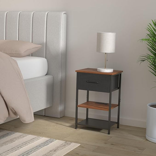 Nightstands Set of 2 with Charging Station and Drawer, End Table Side Table with 20 Colors LED Light Strip and 2 Layers Shelf for Bedroom Living Room Sofa (Rustic Brown)