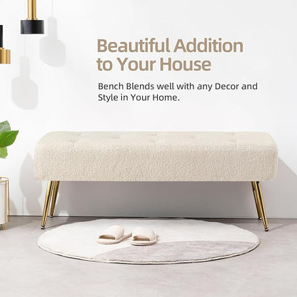 Furniliving 44 Inch Modern Ottoman Bench, Upholstered Faux Fur Fabric Entryway Benches with Gold Metal Frame for Living Room Vintage Indoor Benches End Bed Bench Footrest Ottoman (IvoryWhite)