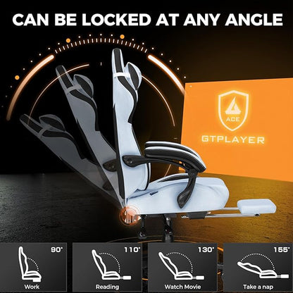 GTPLAYER Gaming Chair with Footrest, Big and Tall Game Chair High Back Computer Office Chair with Lumbar Support for Adults, Ergonomic Swivel Games Chair with Cushion Gaming Velvet Fabric Light Blue