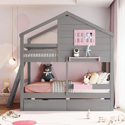 Ball & Cast Twin Over Twin Size Bunk Bed with 2 Drawers and 1 Storage Box,Playhouse Wood Bunkbed w/Window & 1 Shelf,Slat Support,Space Saving,Bedroom Furniture for Student Dorms,Gray