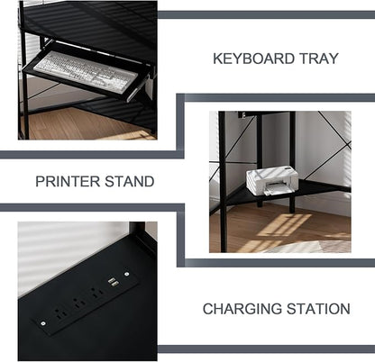 Corner Desk with Hutch and LED Lights, Corner Computer Desk with Keyboard Tray and Monitor Stand, Small Computer Desk for Small Spaces, Home Office