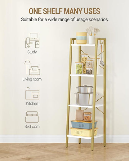 Ladder Shelf, Bookshelf Bookcase, Freestanding Corner Storage Shelve with 2 Hooks for Home Office, Living Room, Kitchen, Bedroom, Industrial, 4-Tier White Gold BC13213G