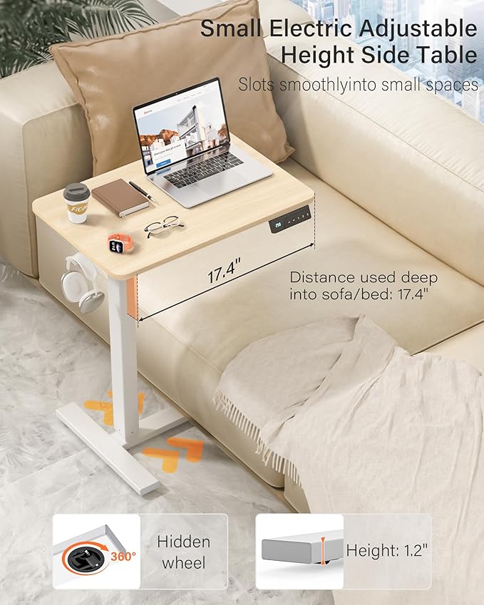 Mobile Standing Desk with Wheels - Electric Height Adjustable Small Movable Laptop Desk, Portable Rolling Computer Sit Stand Side Table for Home Office, Sofa&Bedside Use(27.6",Natural)