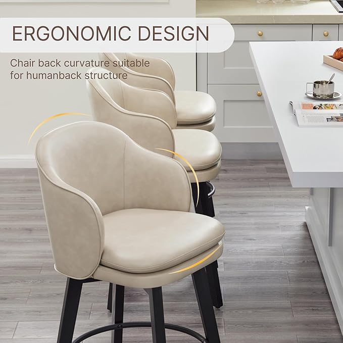 Counter Height Barstools 26 inch Upholstered Swivel Bar Stools with Back and Wood Legs for Kitchen Island,Set of 1,Beige PU Leather