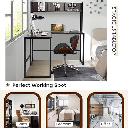 Tangkula Reversible L-Shaped Desk with Hutch, Space Saving Corner Computer Desk with Storage Shelves, Home Office Study Writing Desk Computer Workstation with Storage Bookshelf, Gaming Desk