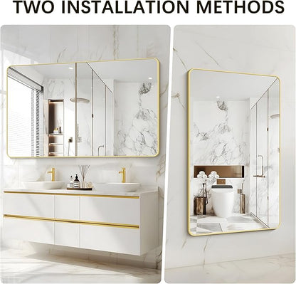 55x36 Inch Gold Bathroom Mirror, Metal Framed Large Rectangle Mirror, Rounded Rectangular Vanity Mirror, Wall Mounted Mirror for Over Sink Living Room Bedroom Entryway Horizontal/Vertical