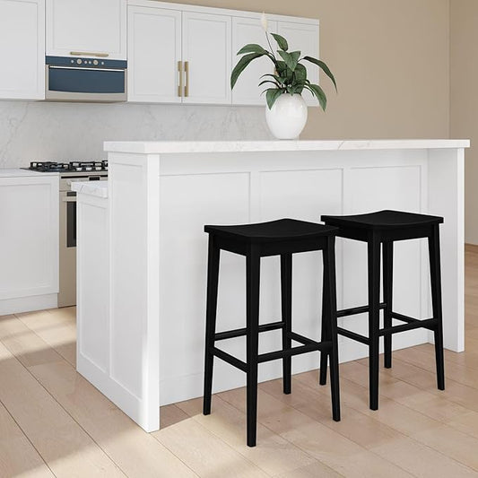 Plank+Beam Smythe Bar Stool, 30", Set of 4, Sturdy Wood Modern Kitchen Bar Height Stool, Saddle Seat Backless Bar Chair, Metal Footrest, Black
