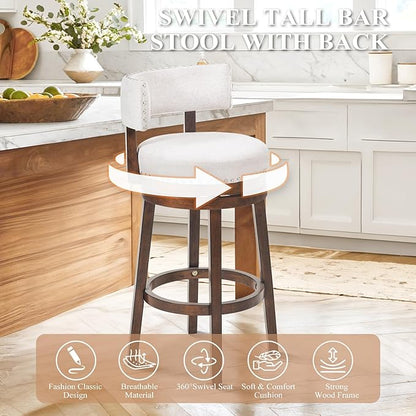 COLAMY Swivel Bar Stools Set of 3, Swivel Counter Height Barstools with Back, 30 Inch Modern Upholstered Bar Stools for Kitchen Island Dining Room Bar, Beige