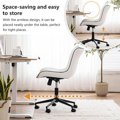 YOUNIKE Home Office Desk Chair with Wheels Armless Vanity Chair with Back Comfy Modern Leather Upholstered Rolling Task Chair Swivel Small Cute Computer Chair No Arms Wide Adjustable Ergonomic White