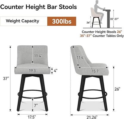 Counter Height Bar Stools Set of 4, Modern Swivel Barstools with Back and Wood Legs, Linen Fabric Upholstered Bar Chairs, 26" H Kitchen Counter Stools, Kitchen Island Home Bar, Light Grey