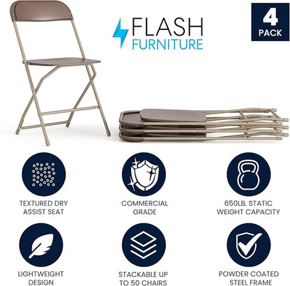 Flash Furniture Hercules Series Plastic Folding Chair - Brown - 4 Pack 650LB Weight Capacity Comfortable Event Chair-Lightweight Folding Chair
