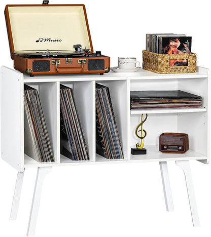 Lerliuo Record Player Stand with 4 Cabinet Holds Up to 220 Albums, Large Turntable Stand with Beech Wood Legs, Mid-Century Record Player Table,White Vinyl Holder Storage Shelf for Bedroom Living Room