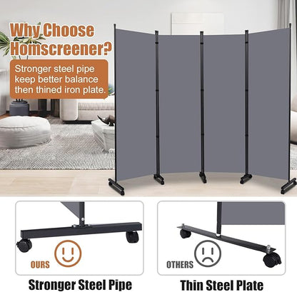 Room Divider Portable 88'' Partition Room Dividers and Folding Privacy Screens 4 Panel Wall Divider for Room Separation，Freestanding Fabric Room Divider Panel with Wheels for Home Office Hospital