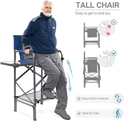 EVER ADVANCED 2 Piece Tall Folding Chair 30.7" Seat Height Directors Chair High Foldable Bar Stool for Makeup Artist Face Painting with Side Table Cup Holder Supports 350LBS