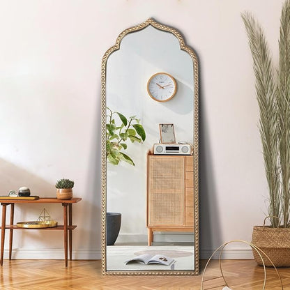 Large Arch Mirror, 20"x53" Gold Arched Floor Mirrors for Dressing, Metal Beaded Frame Decorative Vintage Mirror, Scalloped Full Length Mirrors for Living Room Bedroom Hallway Entryway