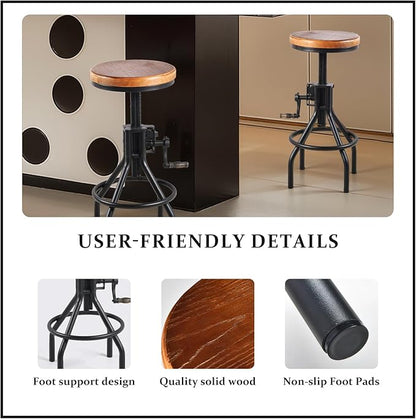 Diwhy Industrial Farmhouse Counter Stool Wooden Seat Height Adjustable with Handle Kitchen Bar Stool Black Set of 2