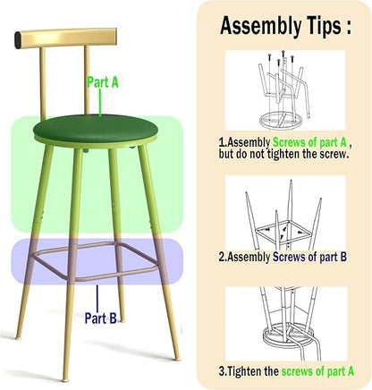Bar Stools, Set of 2 High Kitchen Barstools, Bar Chairs with Backrest and Footrest, Industrial Counter Stools with PU Soft seat, for Kitchen, Living Room, Pub, Gold Color BS-012GC
