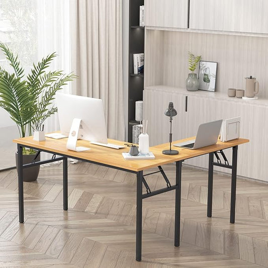 DlandHome Reversible L-Shaped Desk Large Corner Desk Folding Table Computer Desk Home Office Table Computer Workstation,Teak Black-N