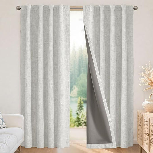 Joydeco 100% Blackout Curtains for Bedroom - Natural Linen Curtains 66" W x 108" L, Thermal Insulated 2 Panels White Light Blocking Drapes, Rod Pocket & Back Tabs, Darkening Privacy for Living Room