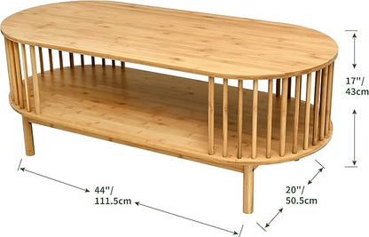 VaeFae Oval Coffee Table, Bamboo Coffee Table for Living Room, 2-Tier Wooden Farmhouse Center Table with Storage Shelf