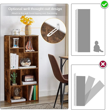 VECELO 42 Inch High Bookcase, 4-Tier Modern Storage Cabinet with Height Difference Shelves for Standard Textbooks, Floor Standing, 7 Cubes, Horizontal Available, Easy Assembly, Rustic Brown