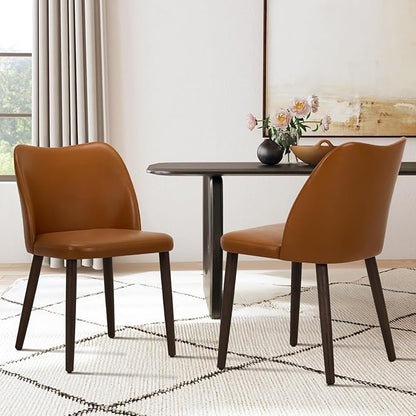 COLAMY Upholstered Dining Chairs Set of 6, Modern PU Leather Dining Room Kitchen Side Chair with Padded Seat and Wood Legs Restaurant/Cafe,Light Brown